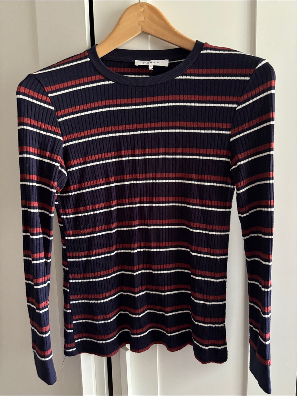 Frame Denim Navy Ribbed Long Sleeve Tee with Red and White Stripes
